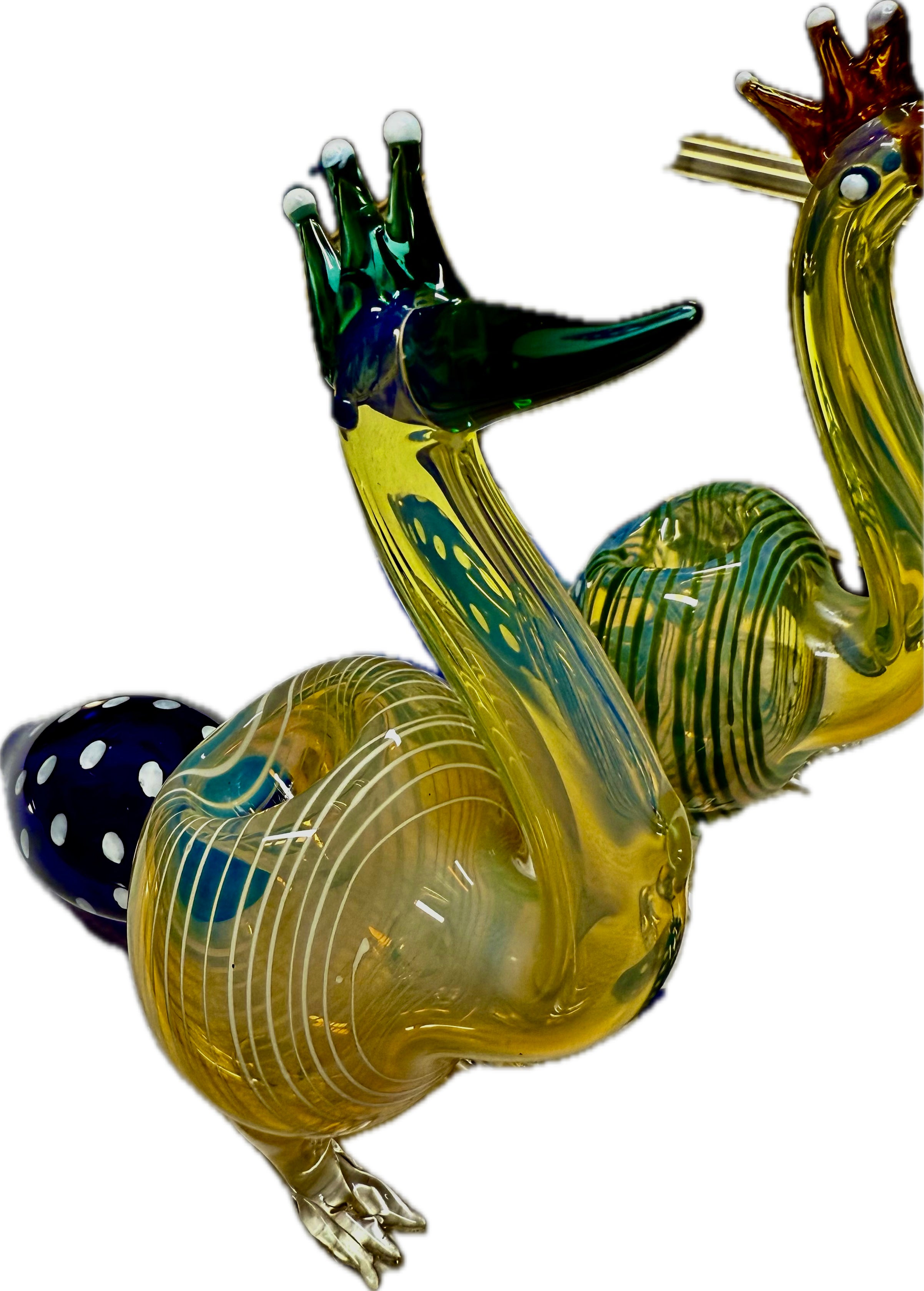 Ripkitty peacock glass pipe — amber-red striped colorway, front-facing view showing peacock neck, glass eye, and blue polka-dot bowl