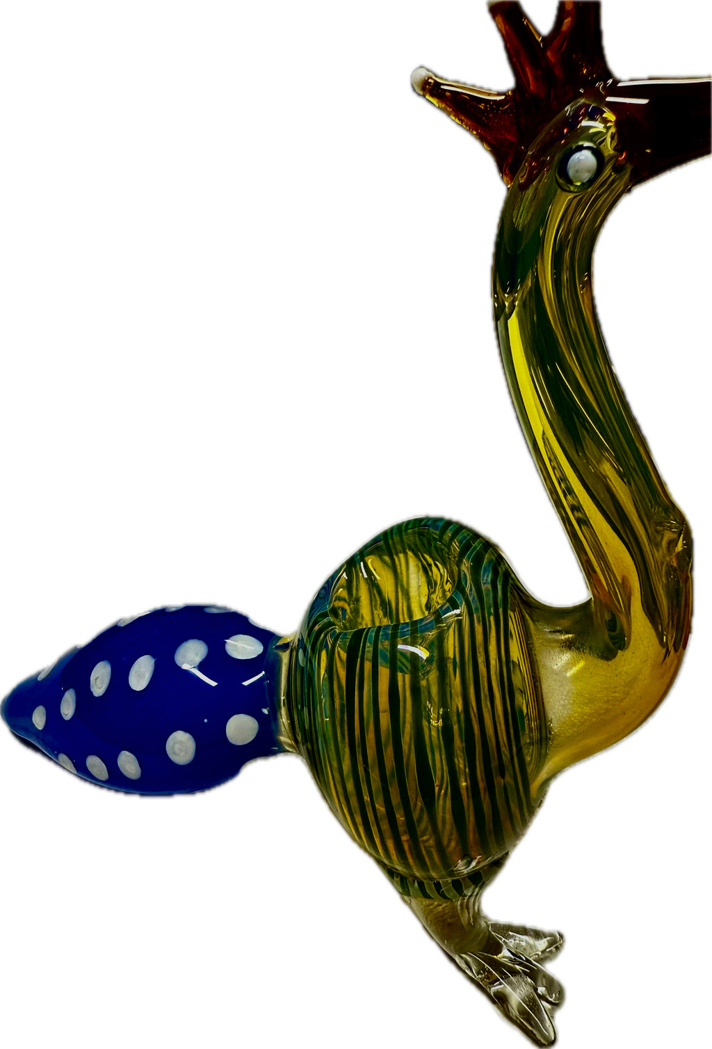Ripkitty 5" peacock pipe in teal-green colorway — front-facing view showing peacock neck, glass eye, crest prongs, and blue polka-dot bowl