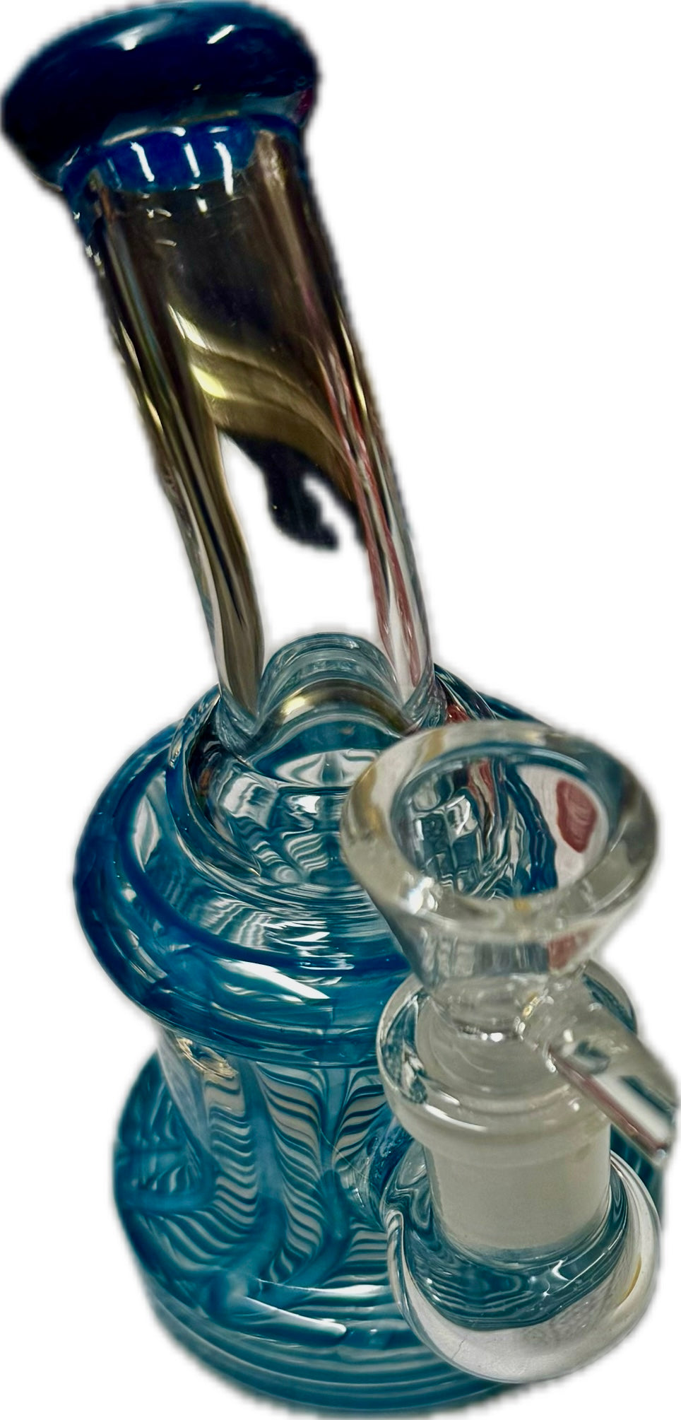 Ripkitty 5" fancy mini bong in teal blue colorway with ornate ribbed body, iridescent fumed neck, and clear 14mm bowl