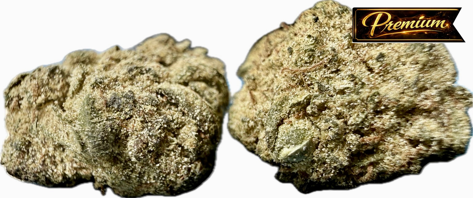 Two Ripkitty Angel Cake Delta-8 hemp flower moonrock nugs side by side — dense green calyxes coated in thick golden kief and concentrate, amber pistils visible, "Premium" badge overlay, white background