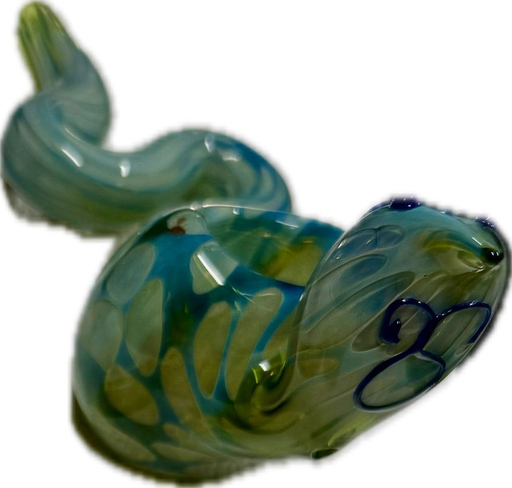 Ripkitty 5" COBRA glass pipe in teal-green and olive — full cobra form with blue eye accents and swirled scale pattern, white background
